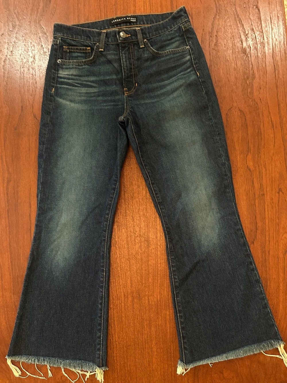 Veronica Beard Dark Blue Flare Crop Jeans with Raw Hem